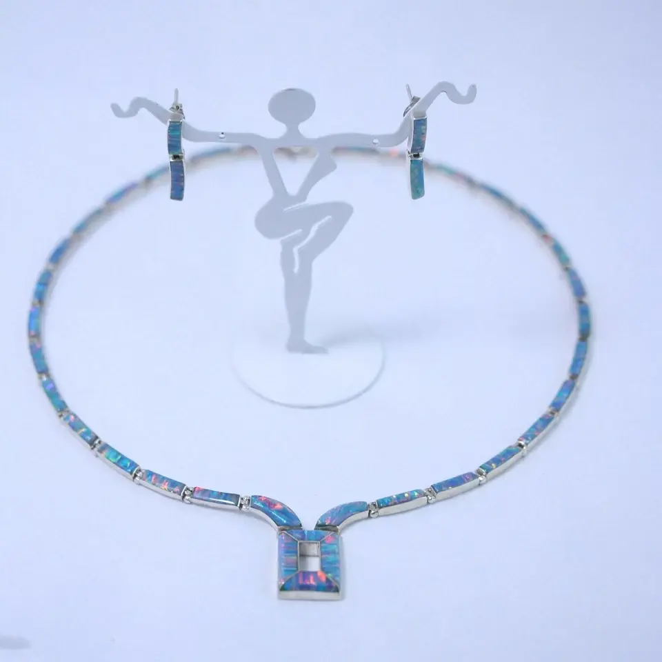 Thumbnail: Mexican 950 Silver Blue Opal Inlay Panel Necklace w/ Matching Earrings