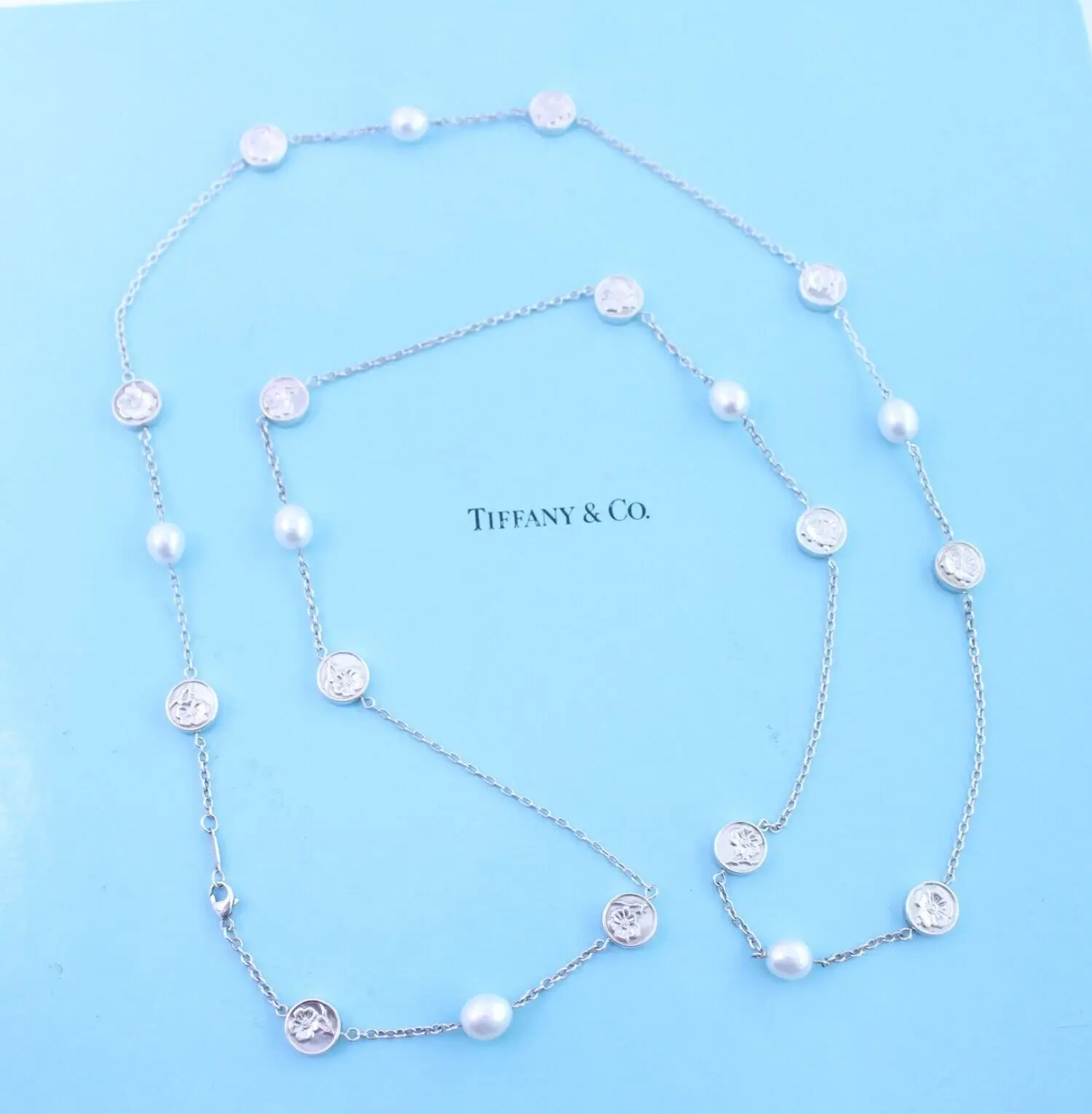 Tiffany & Co. Nature Rose Sterling Silver & Pearl Necklace 34" RARE VINTAGE