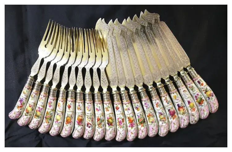 Thumbnail: FriedLander Hand Painted Porcelain Handled Fruit Service For 10 Gilt Etched 