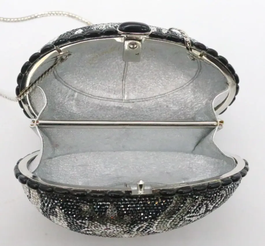 Thumbnail: Judith Leiber Black Grey & Silver Rhinestone Egg Clutch W Comb Mirror Coin Purse