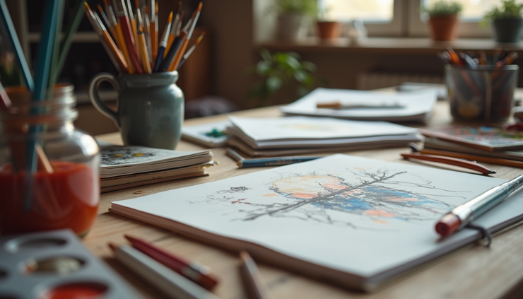 Close-up view of art supplies including brushes, paints, and sketchbooks arranged on a wooden table