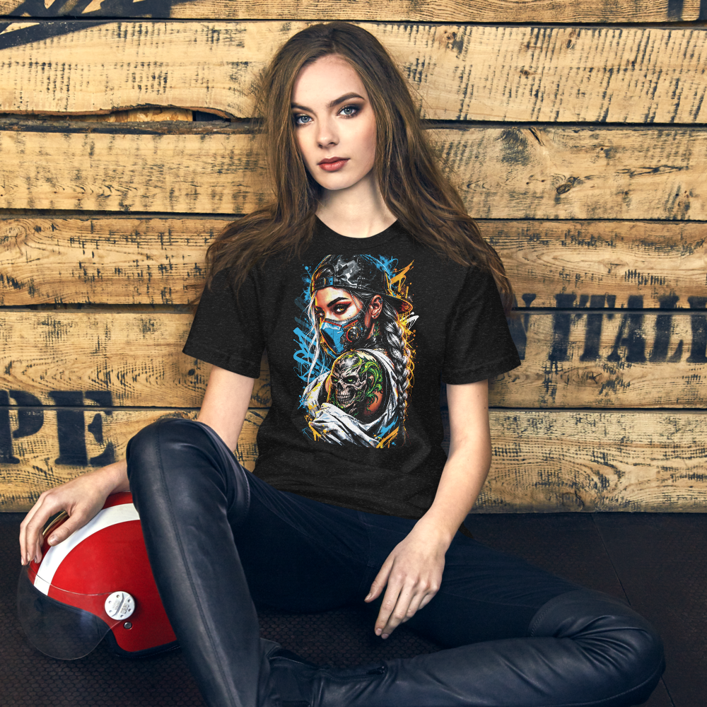Cyberpunk Masked Girl Tattoo T-Shirt, Edgy Street Style Graffiti Top