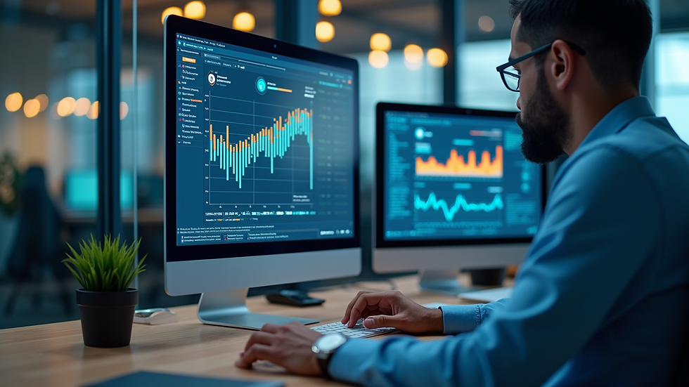Eye-level view of a modern office workspace with AI-powered analytics on a computer screen