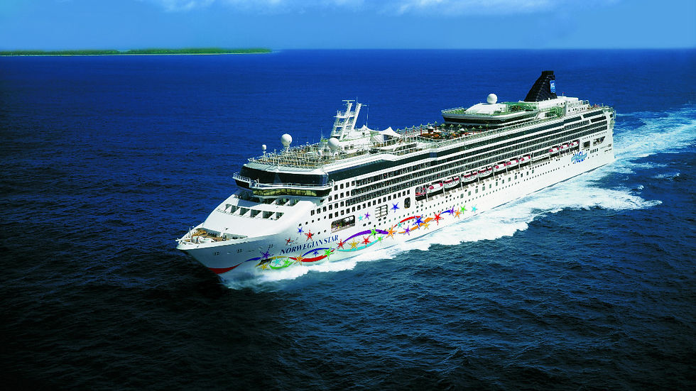 Cruise ship "Norwegian Star" sailing on blue ocean water. White ship with colorful star patterns. Clear sky and distant green coastline.