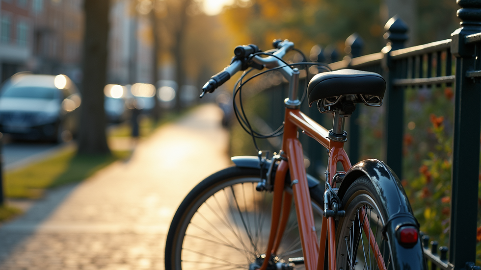 Close-up view of a bicycle parked next to a scenic city pathway
