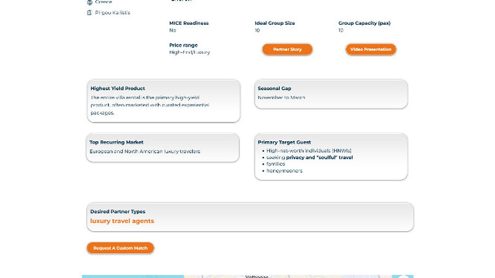 Website page for Villa Santa Croce with a terrace view photo, details, orange buttons, and a map at the bottom.