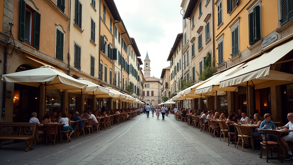 Eye-level view of a historic European town square with outdoor cafes