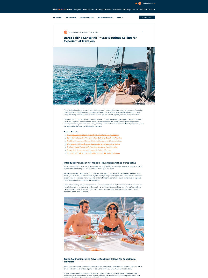 People sailing on a yacht under sunny skies, with blue sea and distant hills. A man and woman enjoy a meal and drinks onboard. Text on travel.