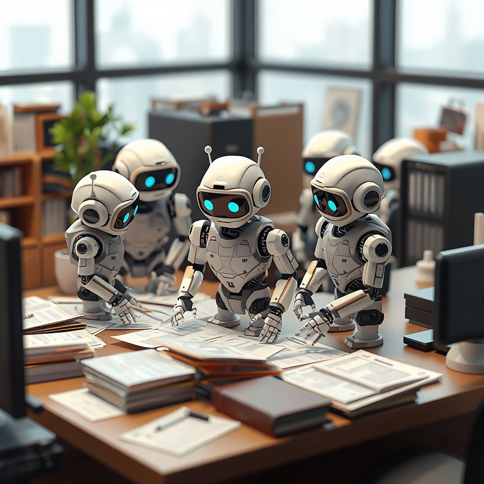 Four small white robots with glowing blue eyes review papers around a cluttered office desk, with shelves and windows behind them.
