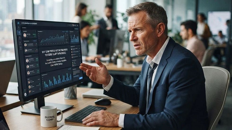 Businessman gestures at a data dashboard in a modern office, with a GLOBAL CORP mug on desk and a tense, focused expression.