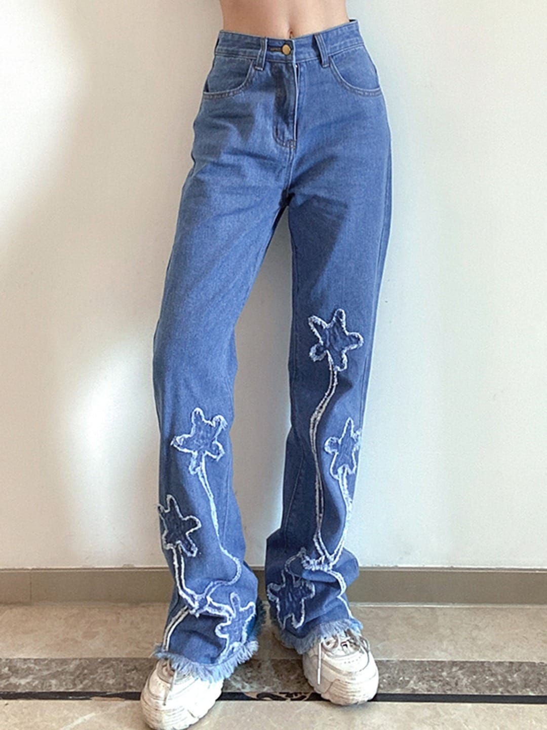Blue Wide Leg Floral Frayed Hem Embroidered Cotton Jeans