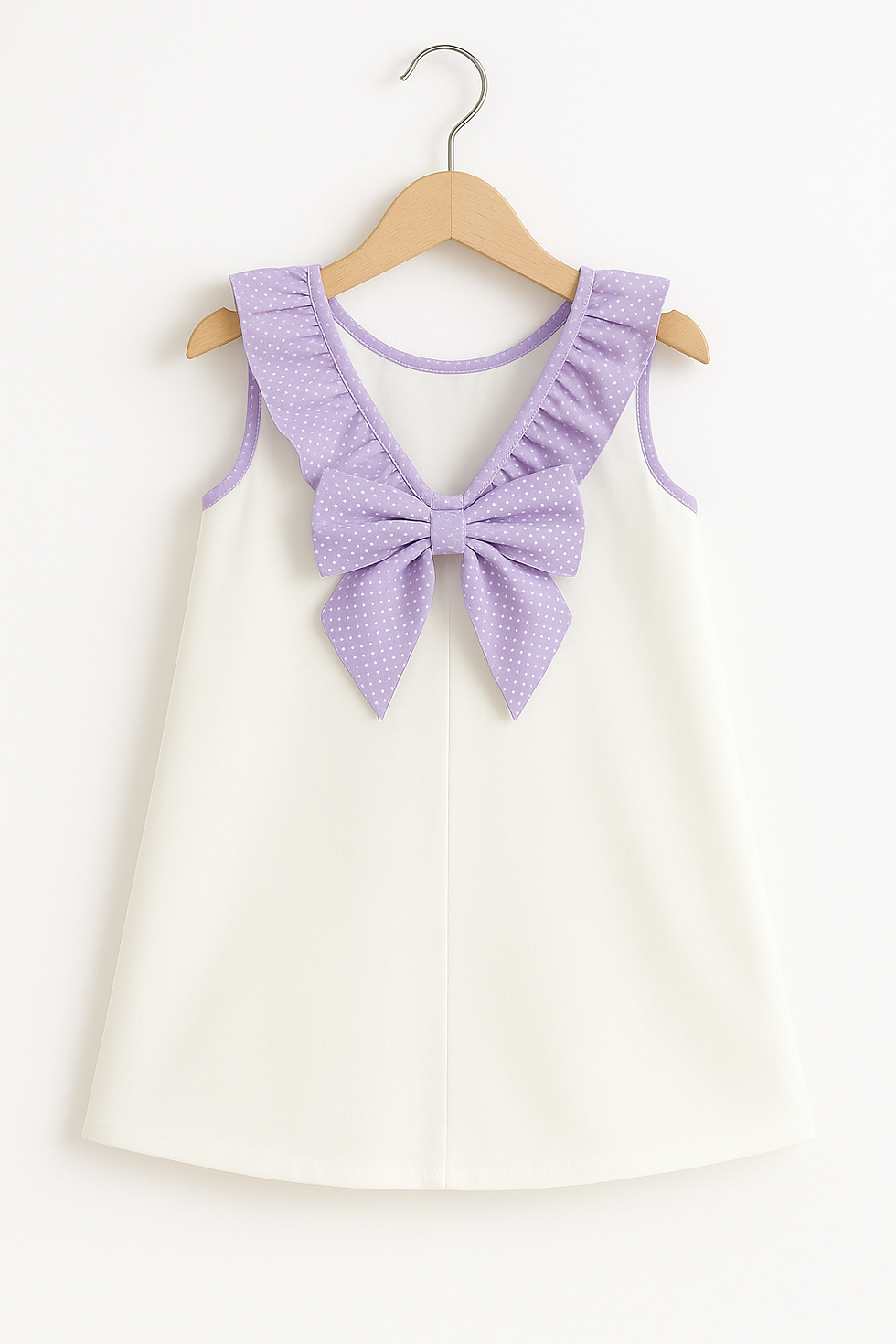 Thumbnail: Girls White Bow Back Dress with Lavender Ruffle, Handmade Social occasions Dress
