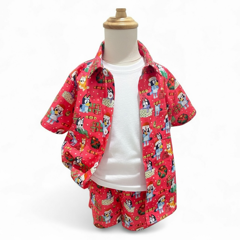 Thumbnail: Bluey & Bingo Boys Christmas Outfit | Handmade 100% Cotton Shirt & Shorts Set | 