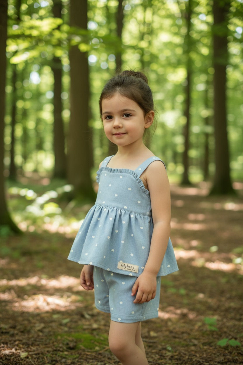 Thumbnail: Handmade Blue Heart Stretch Denim Top & Shorts Set for Girls 