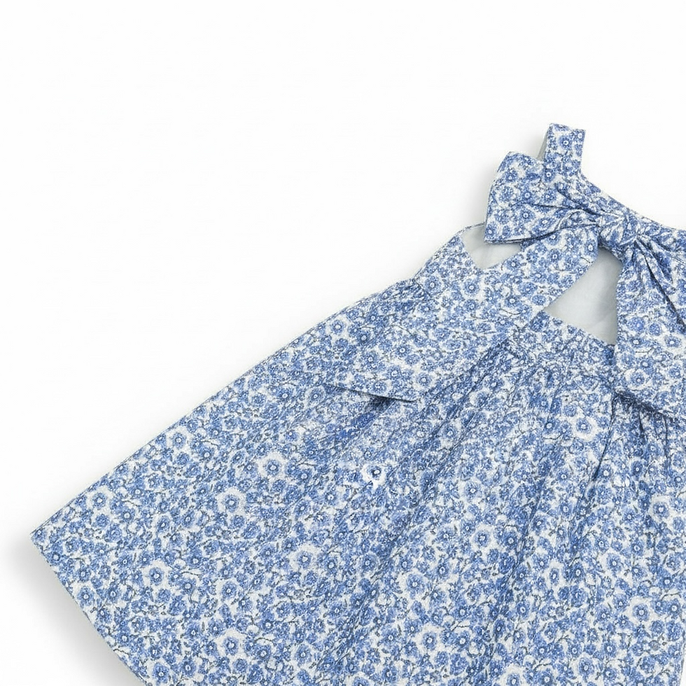 Thumbnail: Hand made Blue Floral Girls Dress | Crease-Free Cotton Poly | Back Bow with Pock