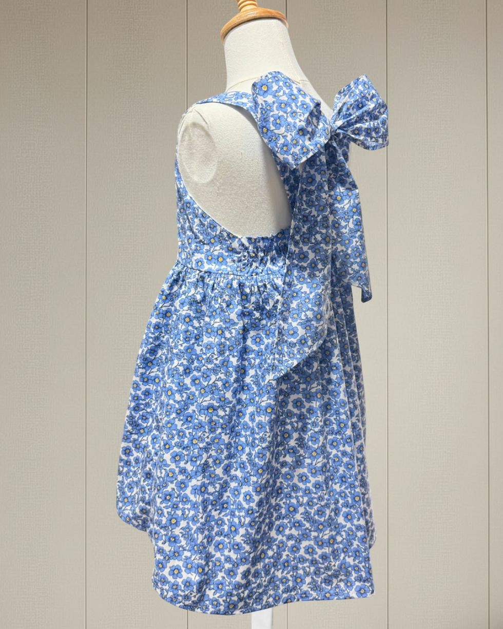 Thumbnail: Hand made Blue Floral Girls Dress | Crease-Free Cotton Poly | Back Bow with Pock