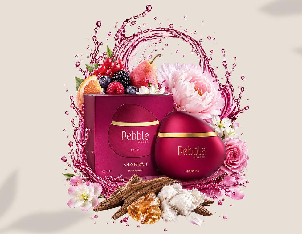 Producto Pebble Beauty con frutas y flores vibrantes