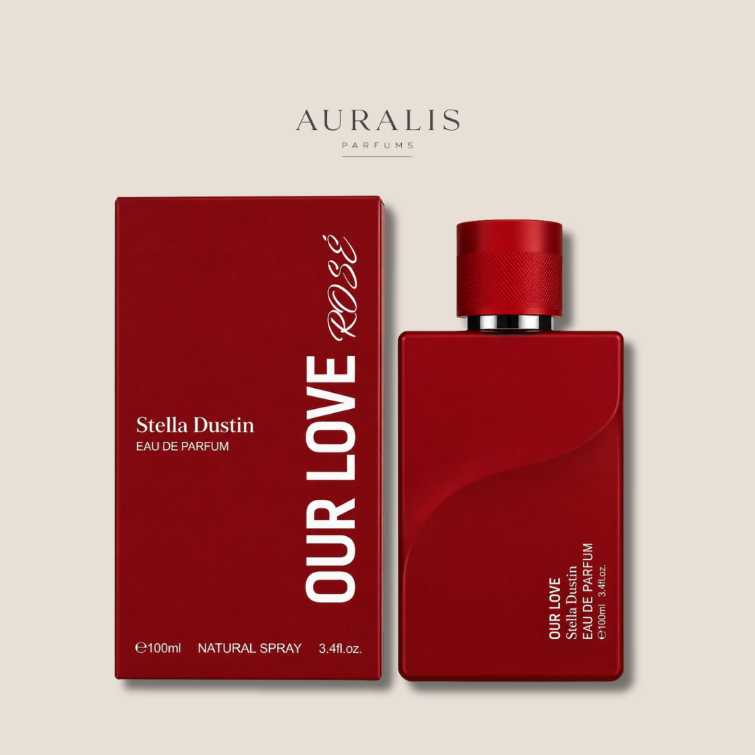 Perfume Stella Dustin Our Love Rose, frasco y caja