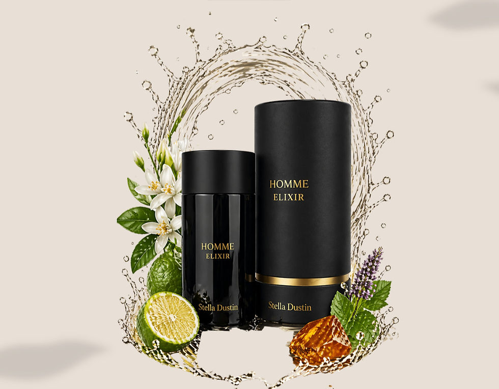 Frasco y caja Homme Elixir Stella Dustin con cítricos y flores.