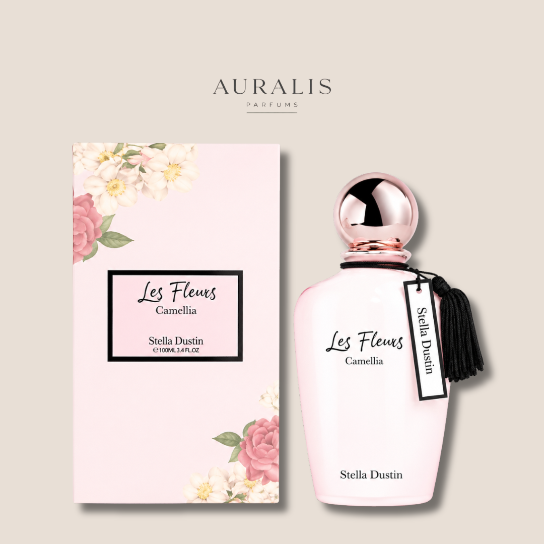 Botella y caja de perfume Les Fleurs Camellia Stella Dustin.
