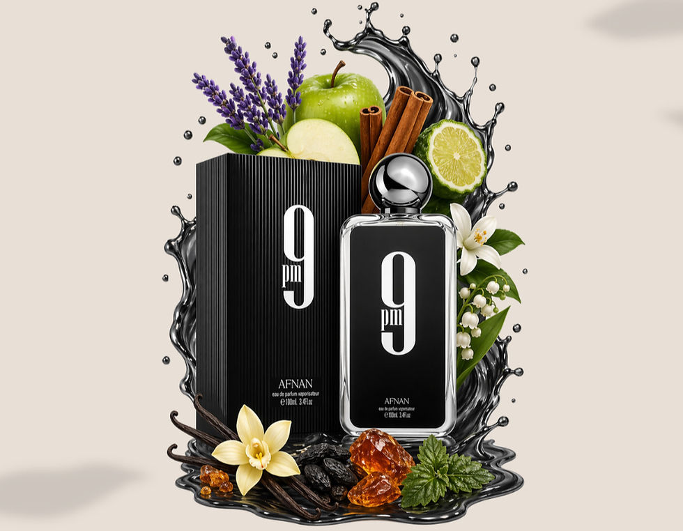 Perfume negro '9pm' con notas de lavanda, manzana, canela y vainilla