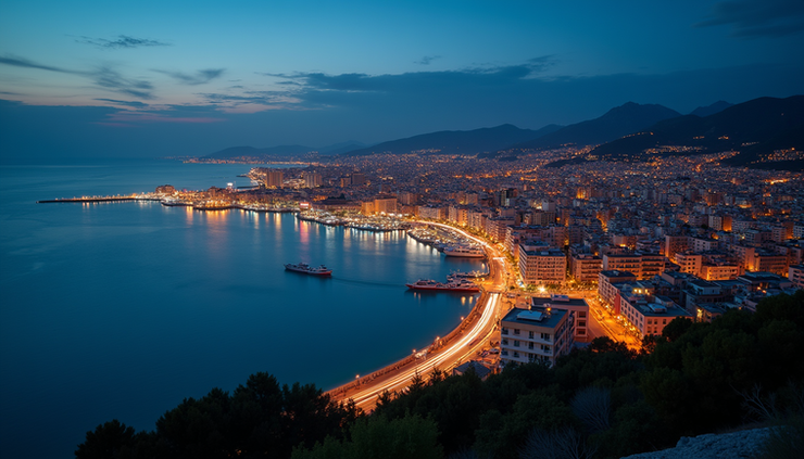 Yüksek açıdan Antalya şehir merkezinde gece ışıkları ve sahil manzarası