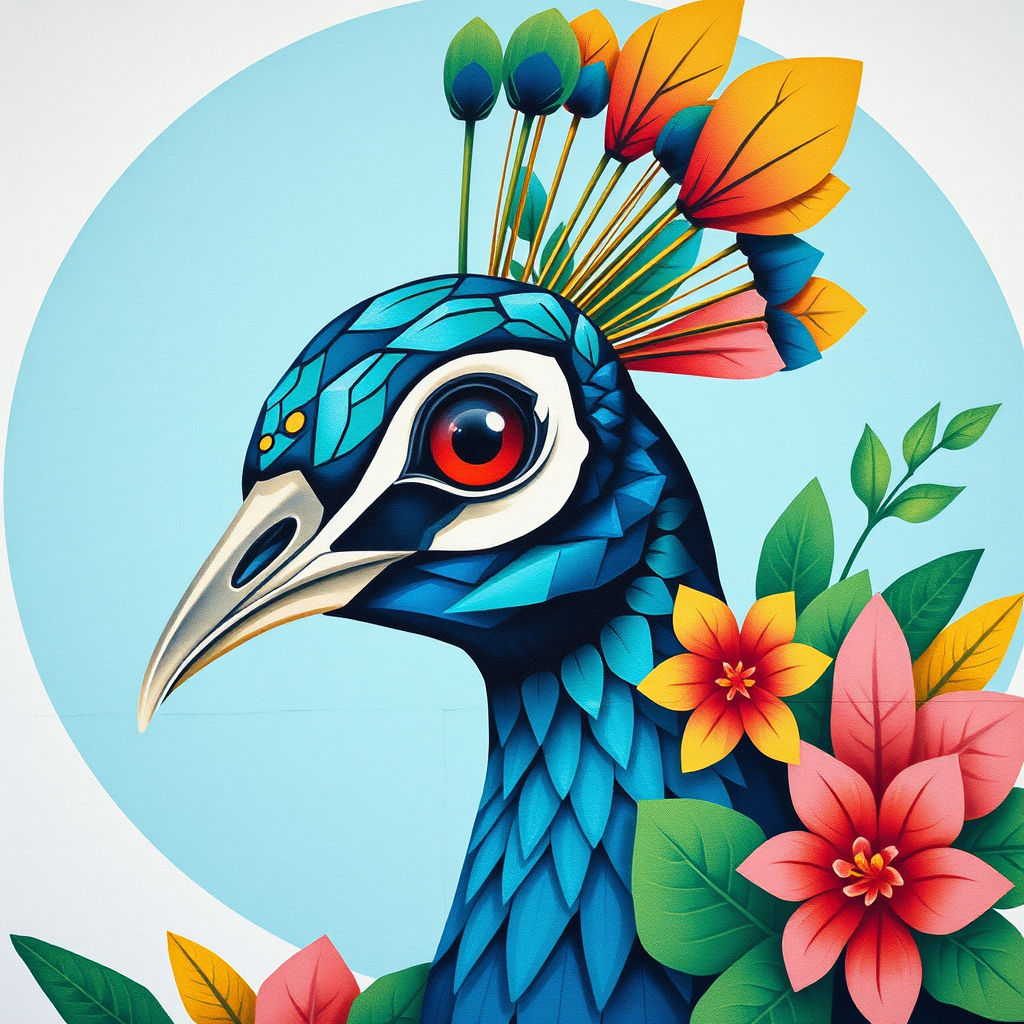 _Close-up portrait of a peacock head in vibrant street art mural style, geometric feather