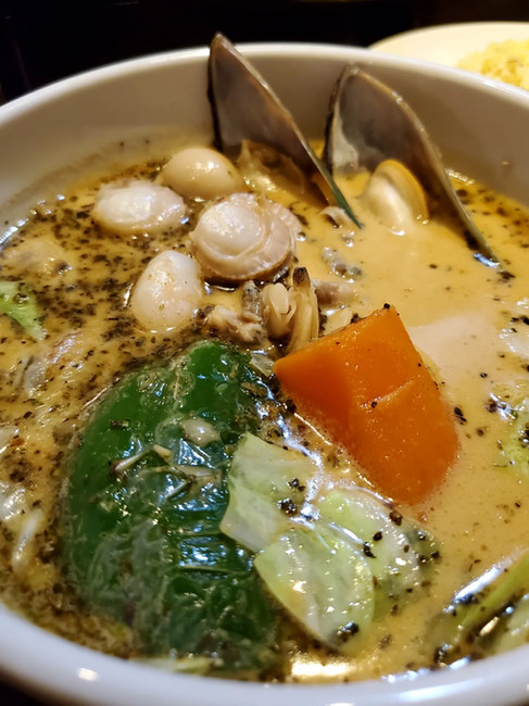 Seafood soup curry (close up) at Soup Curry King, Sapporo Hokkaido Japan