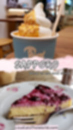 Top: Soft-serve ice-cream with salted caramel in blue cup from Petit Chevre. Bottom: Blueberry cheesecake slice on floral plate from Roquefort Cafe. Text reads: Sapporo: Where to eat and drink. LisaEatsTheWorld.com