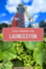 Top: Beaconsfield Mine shaft. Bottom: Green fraps amongst vine leaves. Text reads: 2 day itinerary for Launceston. LisaEatsTheWorld.com