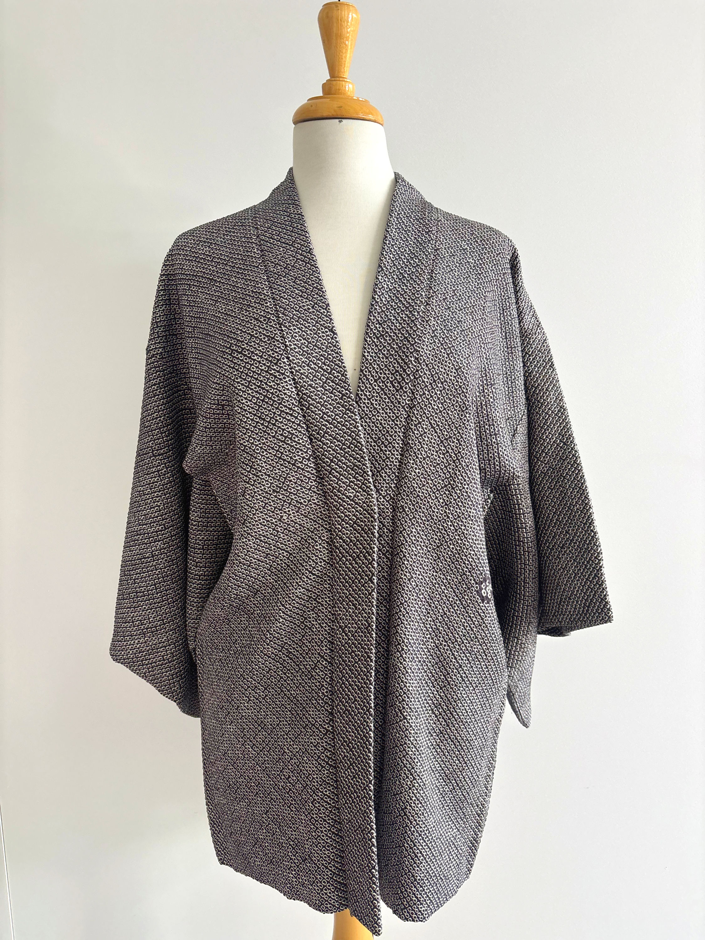 Black silk shibori haori with playful lining