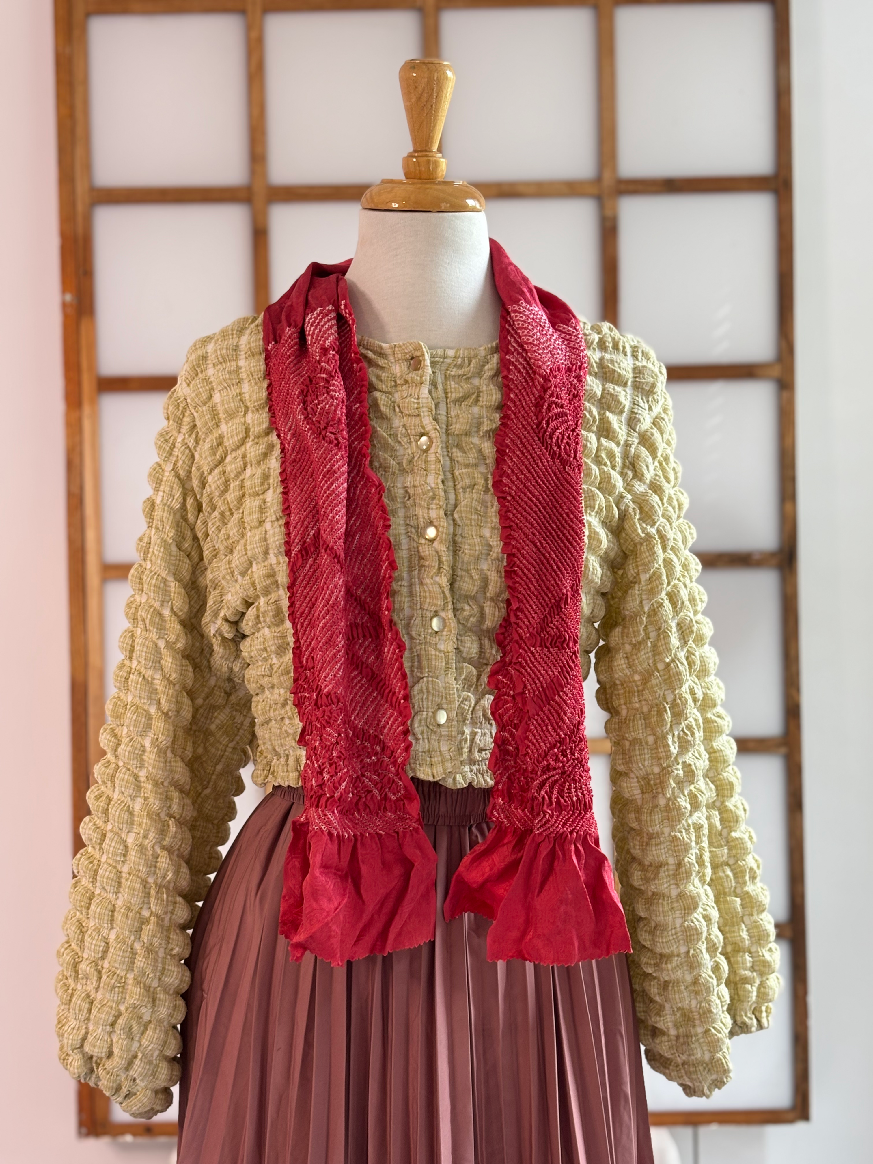 Crimson Kiku Shibori Obiage - Belt & Scarf