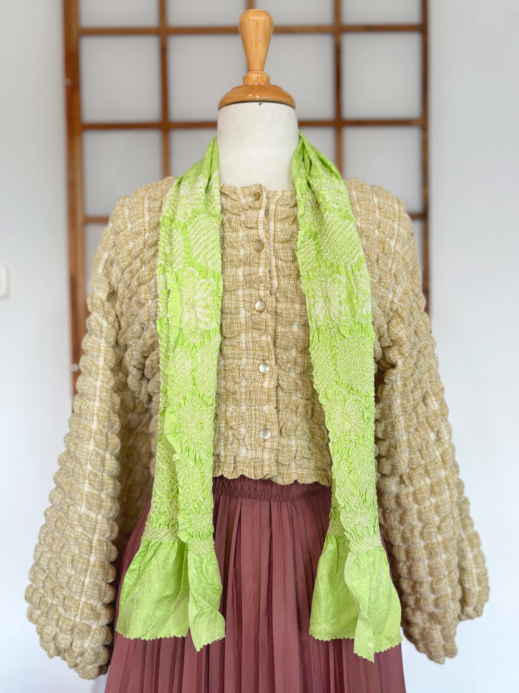 Lime green textured silk obiage worn as scarf vintage Japanese - Himo & Kimo Australia
