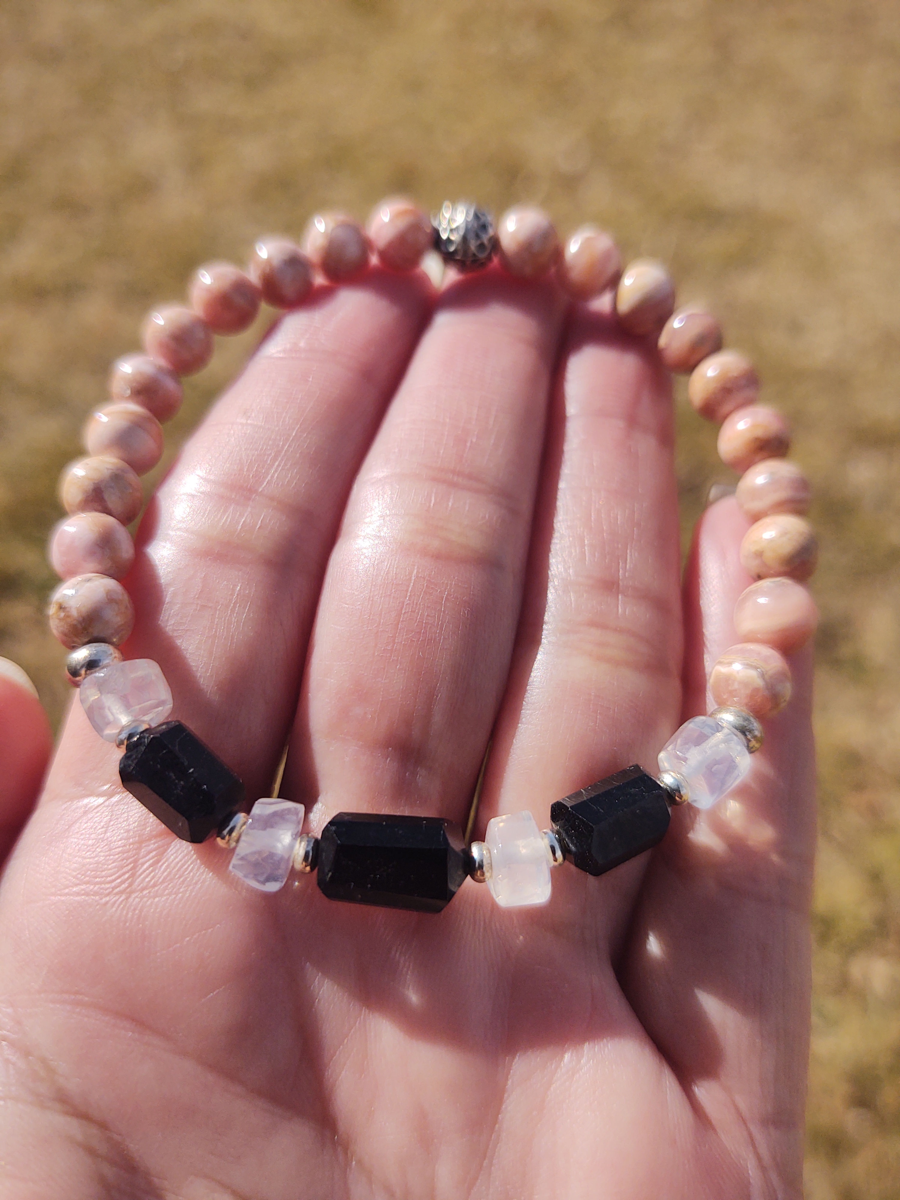 Rhodochrosite and Black Tourmaline with Clear Quartz Talisman Bracelet
