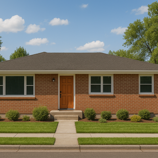 Realistic landscape photo of a mid-century brick rancher home in Spokane’s Audubon neighborhood, featuring a single-story layout, dark roof, large windows, and neatly landscaped front yard with shrubs and mature trees under bright daylight.