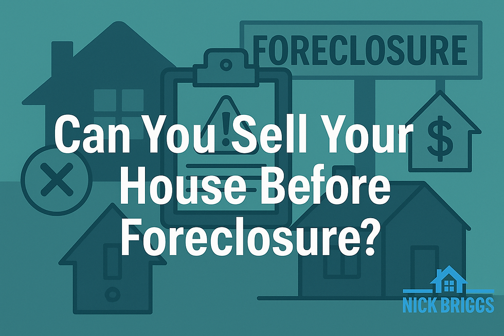 Illustration asking 'Can You Sell Your House Before Foreclosure?' with foreclosure icons, optimized for sell my house Spokane foreclosure keyword.