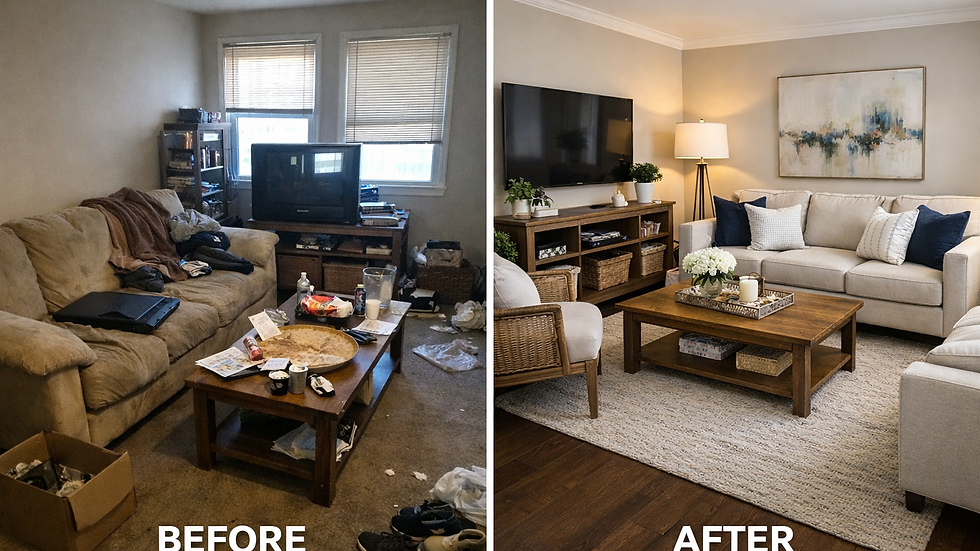 Split image of a living room makeover: left shows cluttered with old TV and messy sofa; right shows tidy modern decor with art, plants, and candles.