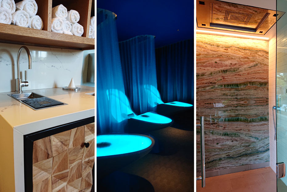 Cocoon beds in the Deep Relaxation Room and Dornbracht Sensory Sky shower