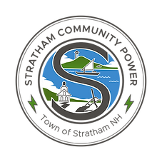 Circular logo featuring a large “S” with elements of local identity inside: a white church, coastal sailboat, and farming tools. Text reads “Stratham Community Power – Town of Stratham NH.”
