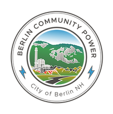 Berlin Community Power seal depicting an industrial building against a backdrop of green mountains and fall-colored trees. The text reads ‘Berlin Community Power – City of Berlin NH’ with blue lightning bolt icons.