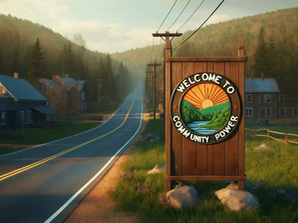 A wooden roadside sign with the words ‘Welcome to Community Power’ stands beside a quiet rural road lined with utility poles. The circular emblem on the sign features a sunrise over green hills and a winding river. Cozy homes with lit windows sit nearby, framed by a backdrop of rolling forested mountains.