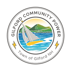 Gilford Community Power seal featuring a sailboat gliding across blue lake waters with green hills in the background and a glowing sky. Surrounded by the text ‘Gilford Community Power – Town of Gilford NH’ with yellow lightning bolts.