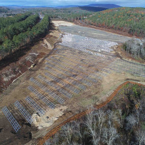 Ground-level view looking north across the solar installation at the Poverty Plains site.
