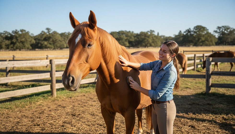 Woman brushing a brown horse in a sunny paddock, smiling. Wooden fences and another horse in the background, creating a serene scene.