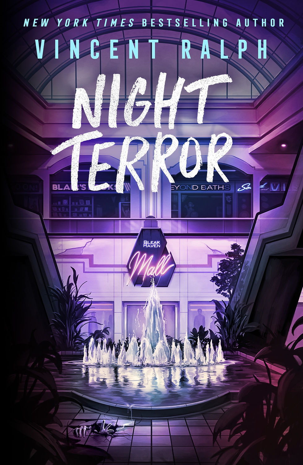 Purple neon book cover for Night Terror by Vincent Ralph, showing a mall fountain, eerie plants, and a reaching hand at the bottom.