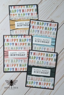 Colorful handmade birthday cards with "Happy Happy Birthday" text on a wood background. Vibrant patterns and Hive & Hue Studio logo visible.