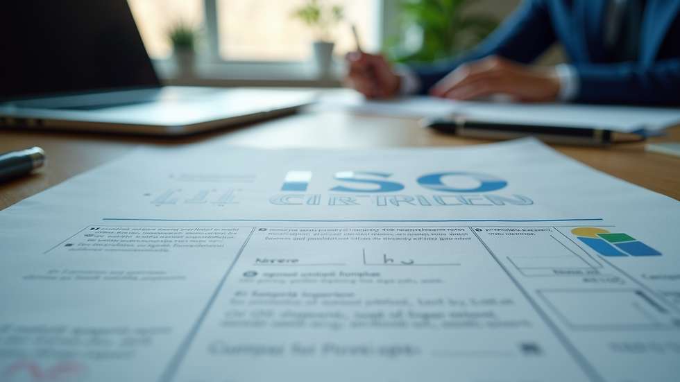 Eye-level view of a desk with ISO certification documents and a laptop