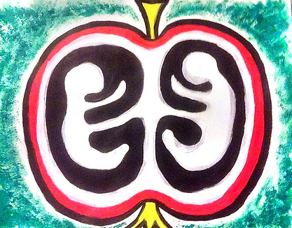 Watercolour painting of a red apple outline containing two white swirling shapes surrounded by black.