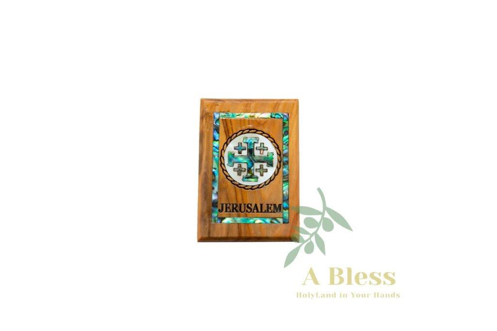 Jerusalem Cross Olive Wood & Mother of Pearl Magnet