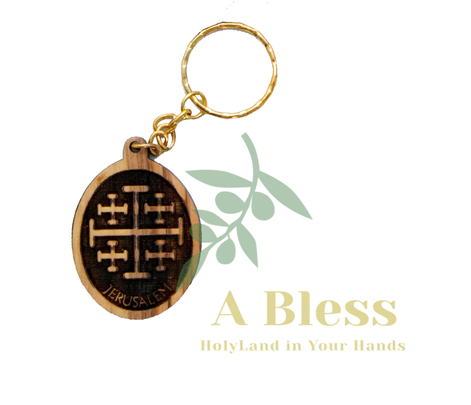 Round olive wood Jerusalem Cross key Chain